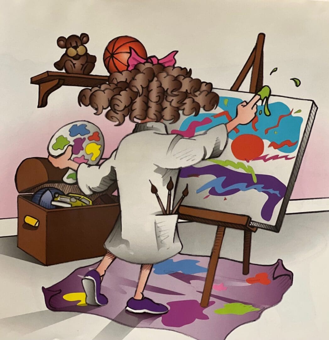 A person painting on an easel with a bunch of toys